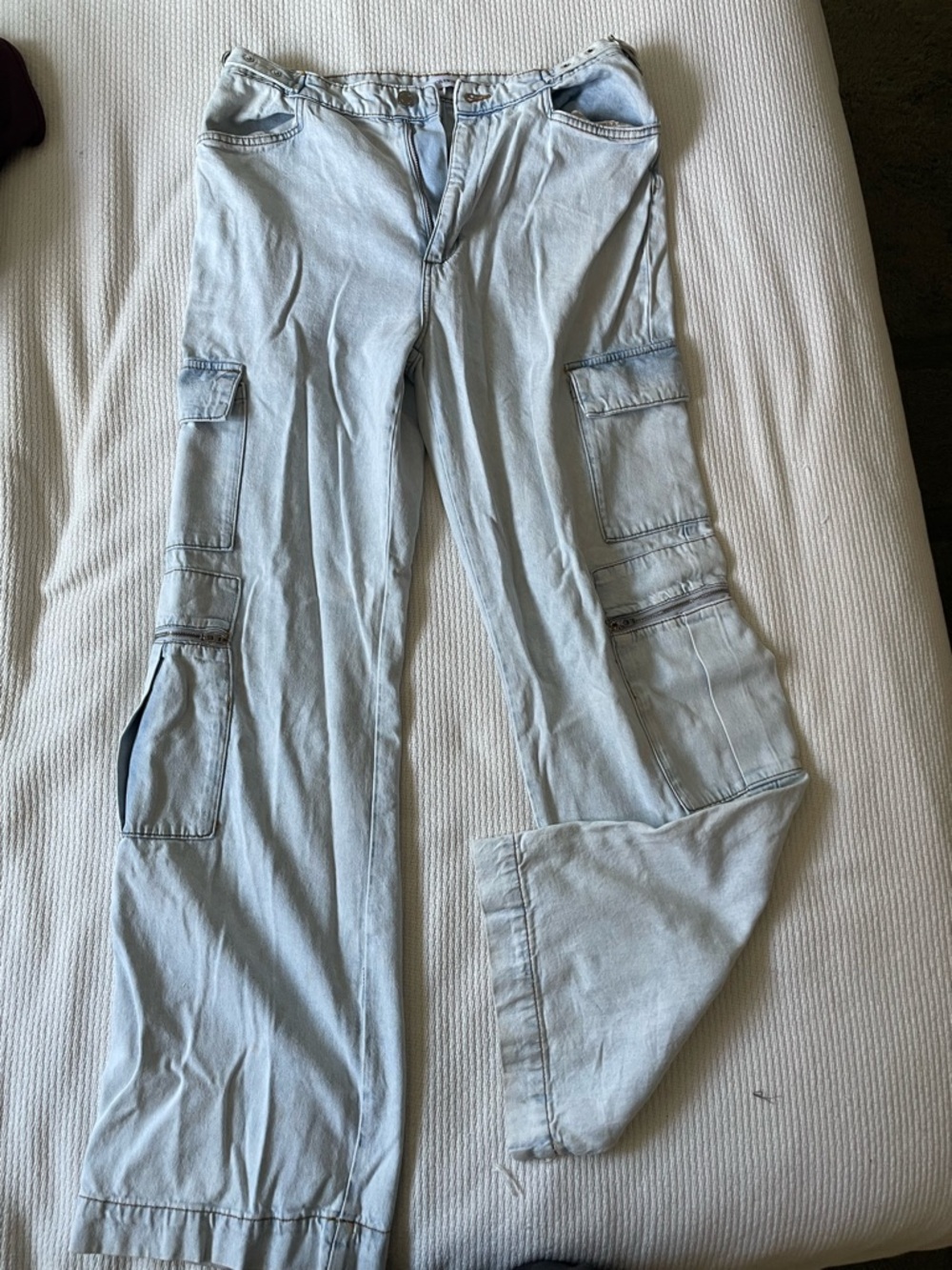 WeWoreWhat Pale Blue Denim Cargo Pants with Silver Ring Detail